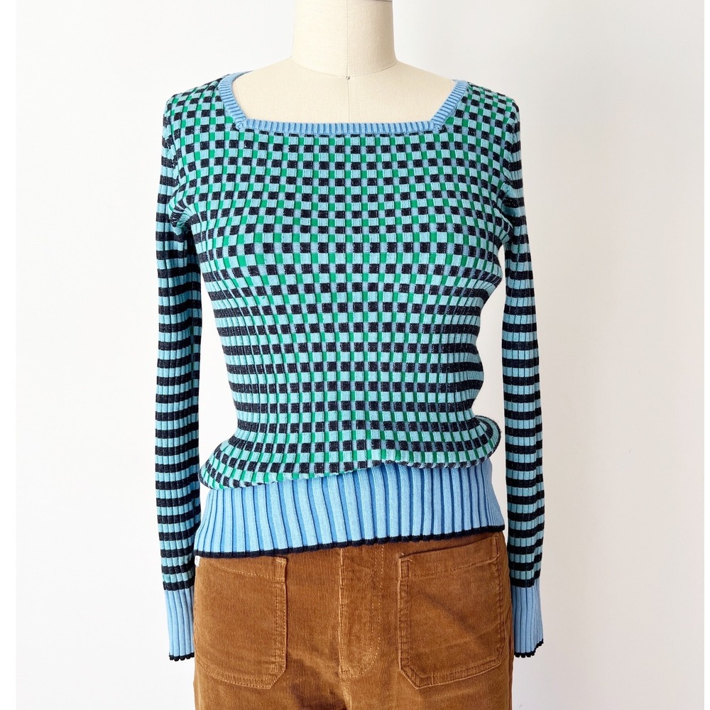 Talbots Ribbed Knit Sweater Blue Green Checkered Square Neck Mod Geometric S